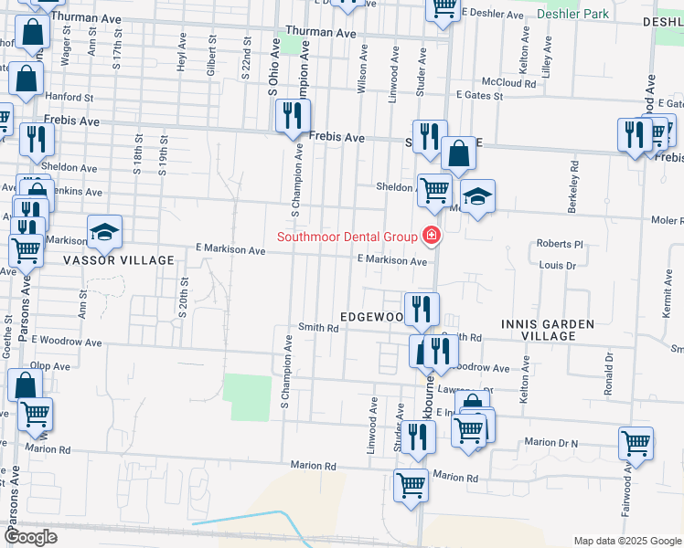 map of restaurants, bars, coffee shops, grocery stores, and more near 1721 Wilson Avenue in Columbus