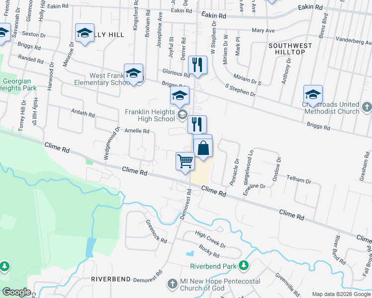 map of restaurants, bars, coffee shops, grocery stores, and more near 1159 Demorest Road in Columbus