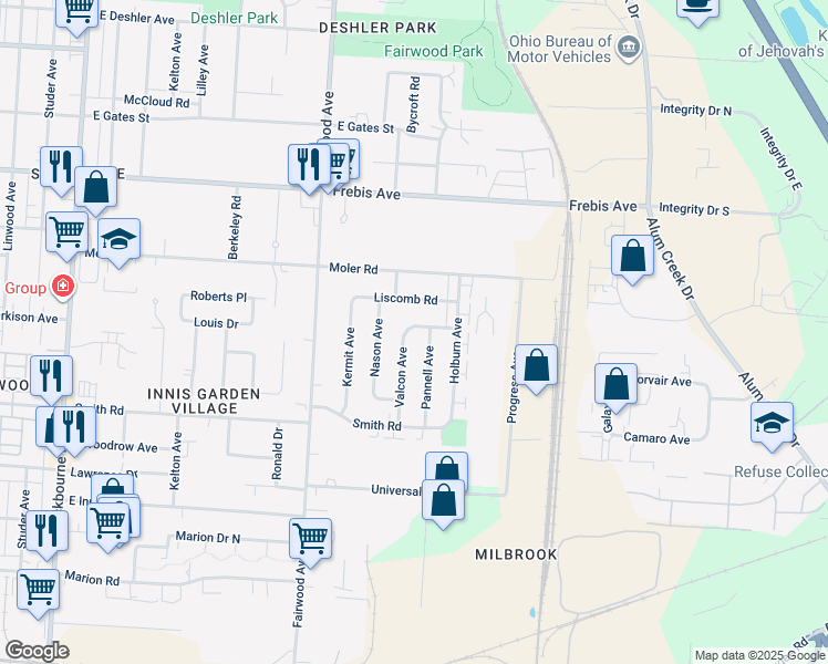 map of restaurants, bars, coffee shops, grocery stores, and more near 1655 Page Road in Columbus