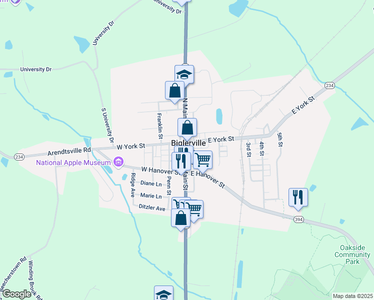 map of restaurants, bars, coffee shops, grocery stores, and more near 38 South Main Street in Biglerville