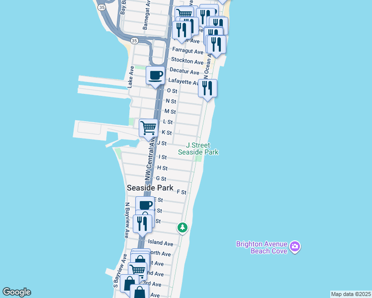 map of restaurants, bars, coffee shops, grocery stores, and more near 15 J Street in Seaside Park