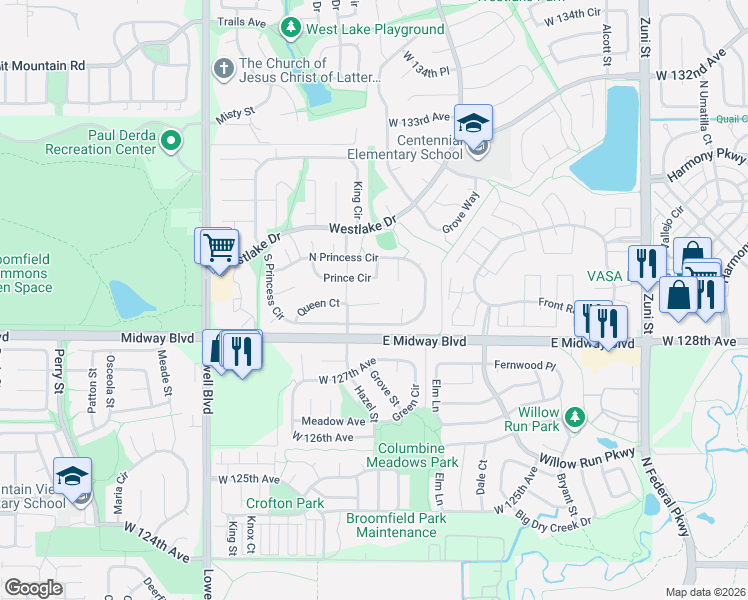 map of restaurants, bars, coffee shops, grocery stores, and more near 3131 Queen Court in Broomfield