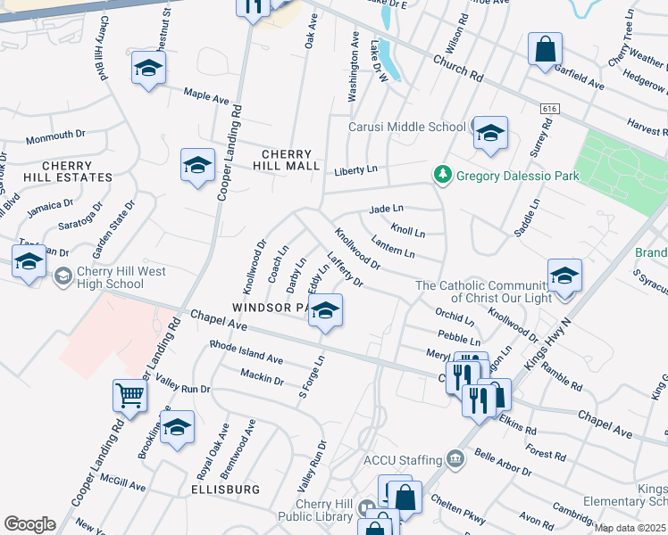 map of restaurants, bars, coffee shops, grocery stores, and more near 19 Eddy Lane in Cherry Hill