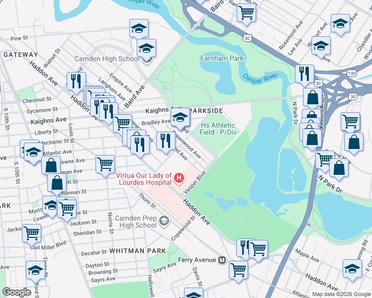 map of restaurants, bars, coffee shops, grocery stores, and more near 1493 Greenwood Avenue in Camden