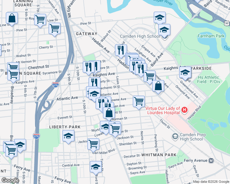 map of restaurants, bars, coffee shops, grocery stores, and more near 1181 Atlantic Avenue in Camden