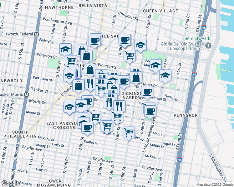 map of restaurants, bars, coffee shops, grocery stores, and more near 1501 South 7th Street in Philadelphia