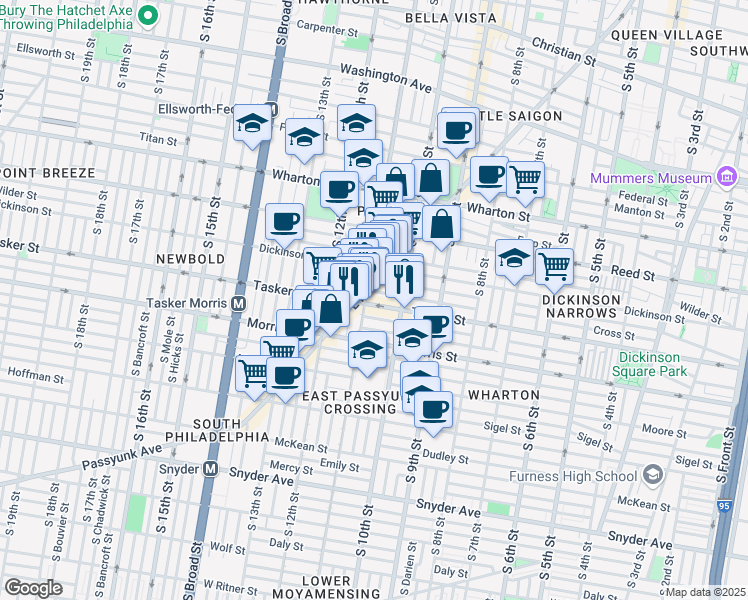 map of restaurants, bars, coffee shops, grocery stores, and more near 1010 Cross Street in Philadelphia