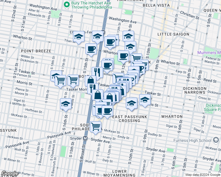 map of restaurants, bars, coffee shops, grocery stores, and more near 1609 South 13th Street in Philadelphia