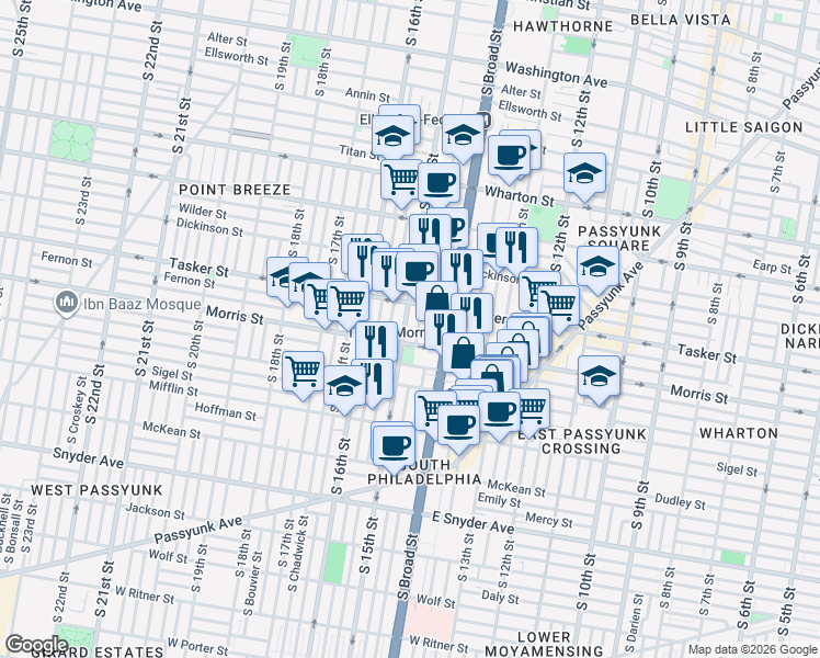 map of restaurants, bars, coffee shops, grocery stores, and more near in Philadelphia