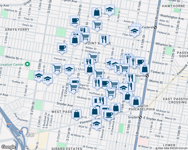 map of restaurants, bars, coffee shops, grocery stores, and more near 1911 Watkins Street in Philadelphia
