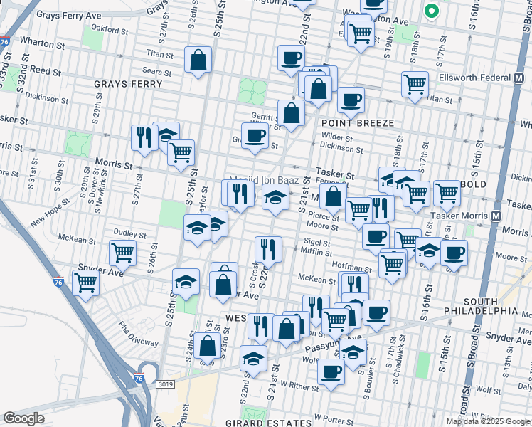 map of restaurants, bars, coffee shops, grocery stores, and more near 2235 Moore Street in Philadelphia