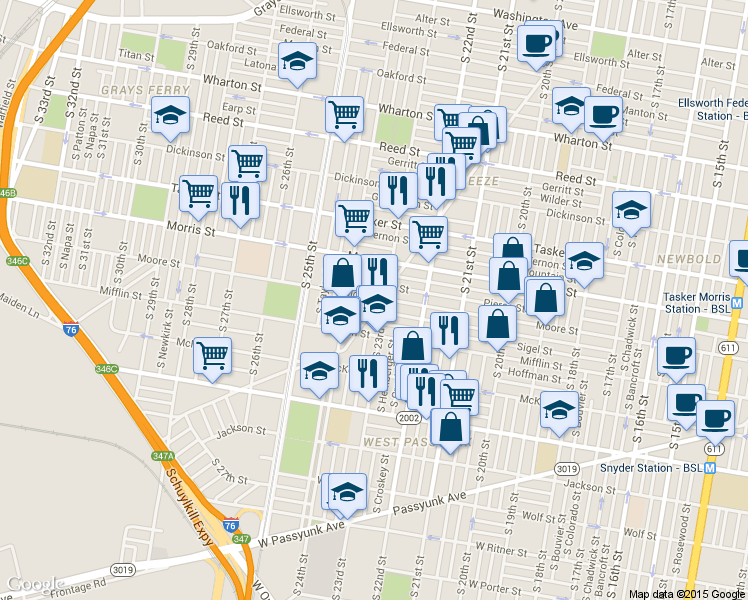 map of restaurants, bars, coffee shops, grocery stores, and more near 2328 Moore Street in Philadelphia