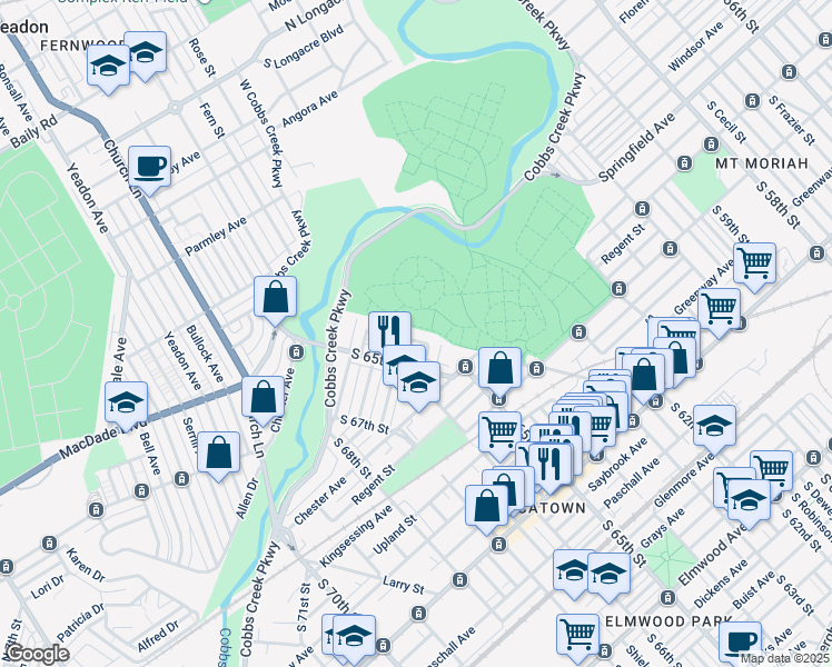 map of restaurants, bars, coffee shops, grocery stores, and more near 1761 South Avondale Street in Philadelphia