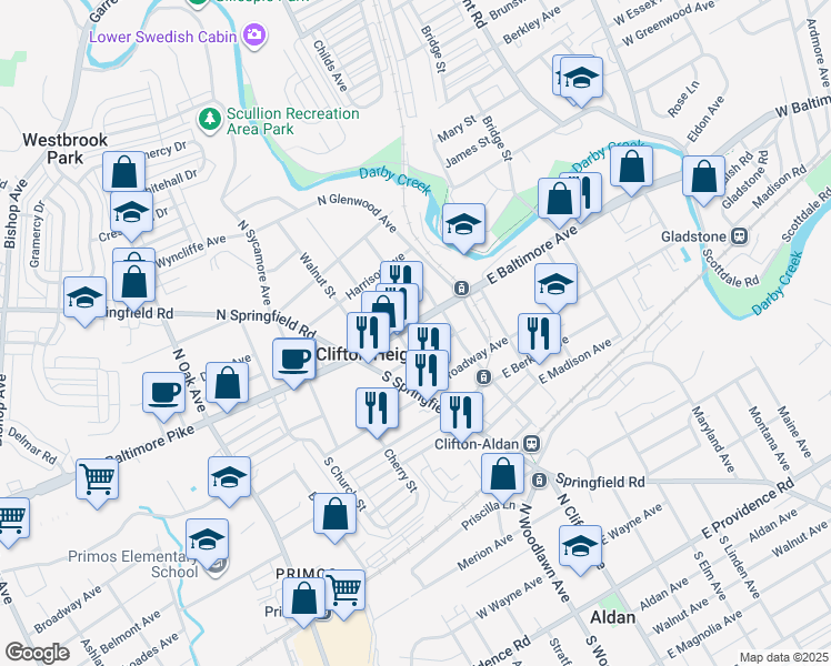 map of restaurants, bars, coffee shops, grocery stores, and more near 136 East Baltimore Avenue in Clifton Heights