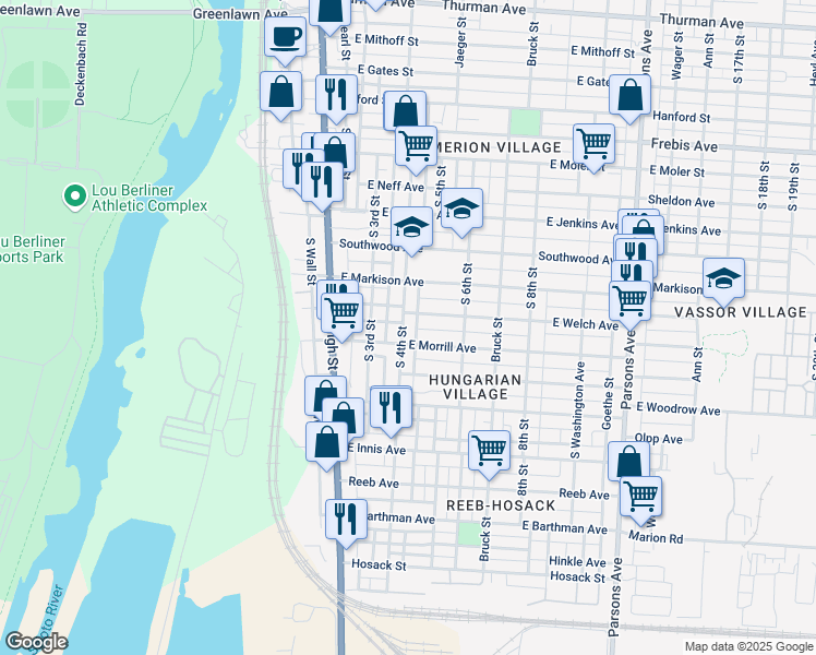 map of restaurants, bars, coffee shops, grocery stores, and more near 1574 South 3rd Street in Columbus