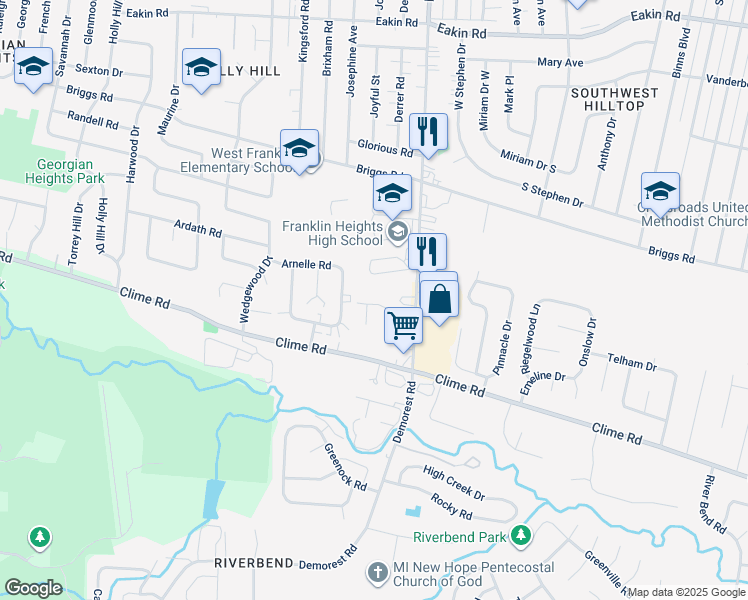 map of restaurants, bars, coffee shops, grocery stores, and more near 3588 Farm Hurst Lane in Columbus