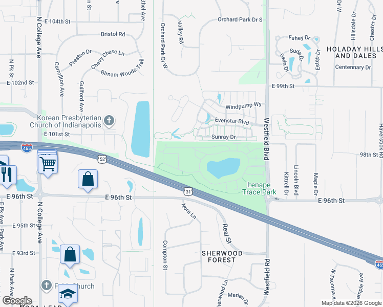 map of restaurants, bars, coffee shops, grocery stores, and more near 9710 Rialto Trail in Indianapolis