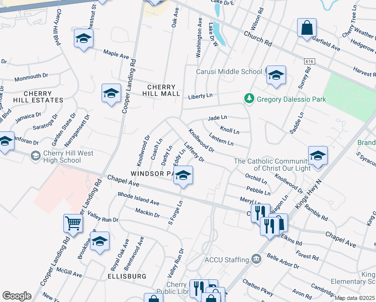 map of restaurants, bars, coffee shops, grocery stores, and more near 19 Eddy Lane in Cherry Hill