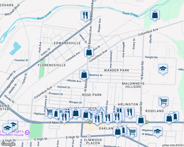 map of restaurants, bars, coffee shops, grocery stores, and more near 2024 Beatrice Street in Springfield