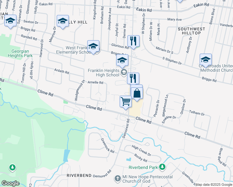 map of restaurants, bars, coffee shops, grocery stores, and more near 3588 Farm Hurst Lane in Columbus