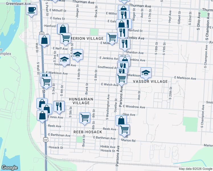 map of restaurants, bars, coffee shops, grocery stores, and more near 359 East Welch Avenue in Columbus