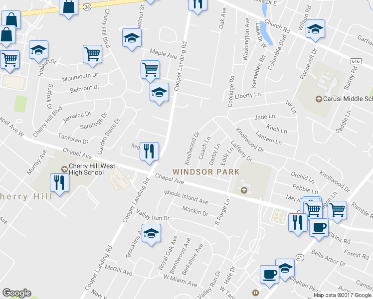 map of restaurants, bars, coffee shops, grocery stores, and more near 20 Knollwood Drive in Cherry Hill