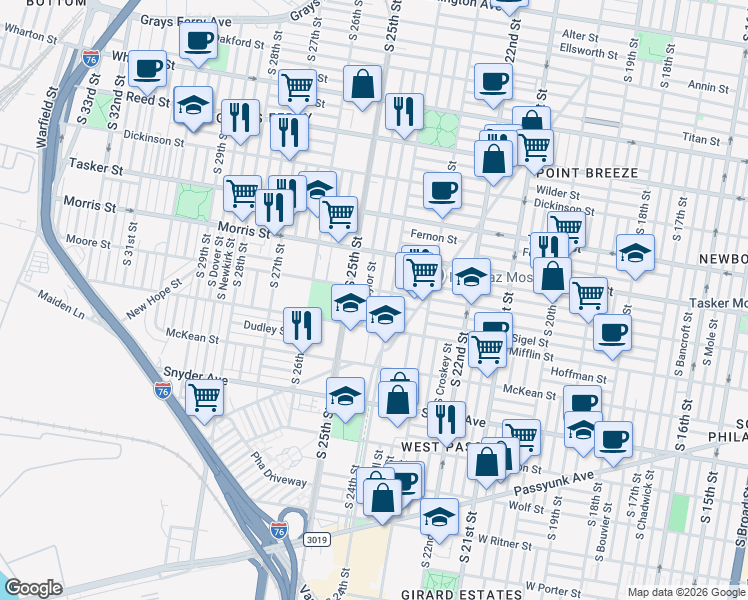 map of restaurants, bars, coffee shops, grocery stores, and more near 1808 South Ringgold Street in Philadelphia
