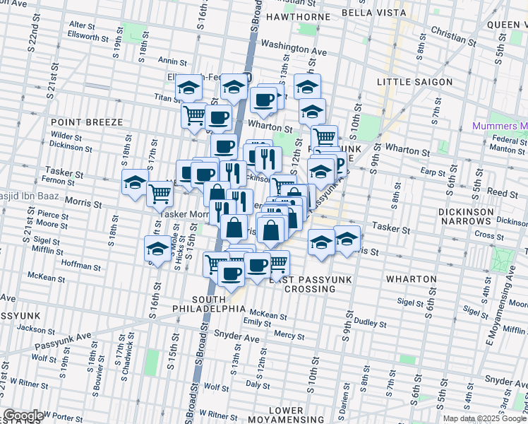 map of restaurants, bars, coffee shops, grocery stores, and more near 1609 South 13th Street in Philadelphia