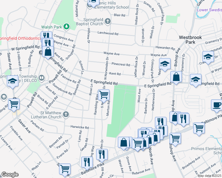 map of restaurants, bars, coffee shops, grocery stores, and more near 417 Fairview Road in Springfield