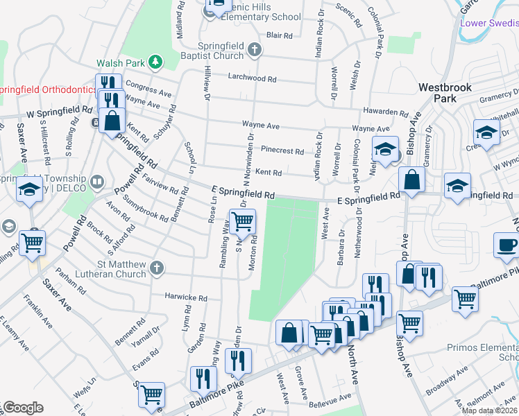 map of restaurants, bars, coffee shops, grocery stores, and more near 417 Fairview Road in Springfield