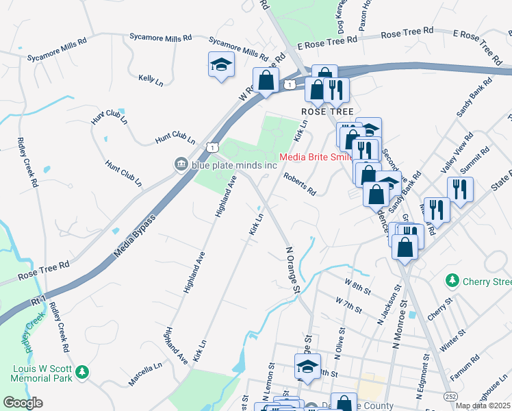map of restaurants, bars, coffee shops, grocery stores, and more near 1031 Willowbrook Lane in Media