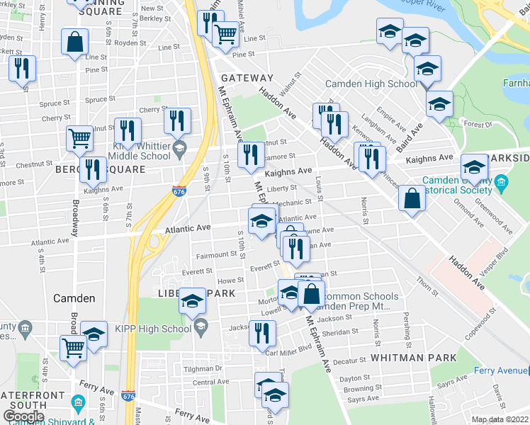map of restaurants, bars, coffee shops, grocery stores, and more near 1409 Mount Ephraim Avenue in Camden