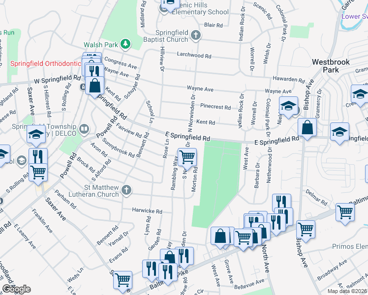 map of restaurants, bars, coffee shops, grocery stores, and more near 22 South Norwinden Drive in Springfield