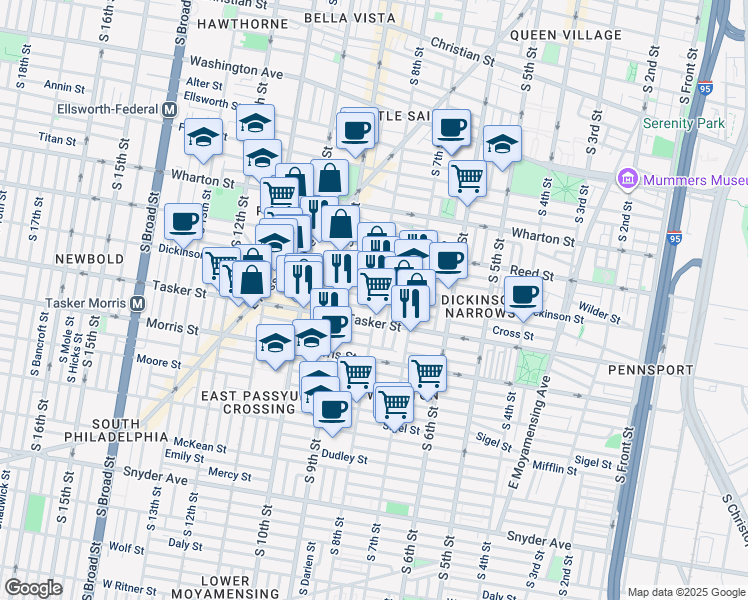 map of restaurants, bars, coffee shops, grocery stores, and more near 1514 South 8th Street in Philadelphia