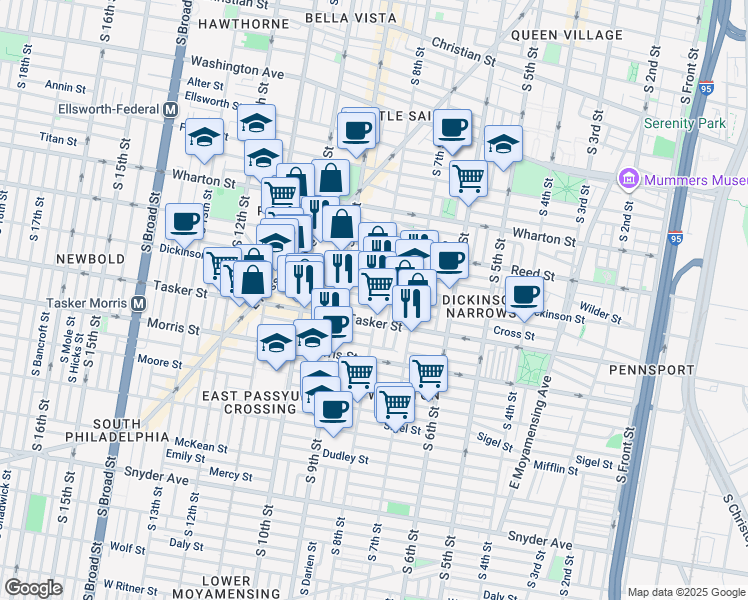 map of restaurants, bars, coffee shops, grocery stores, and more near 1514 South 8th Street in Philadelphia