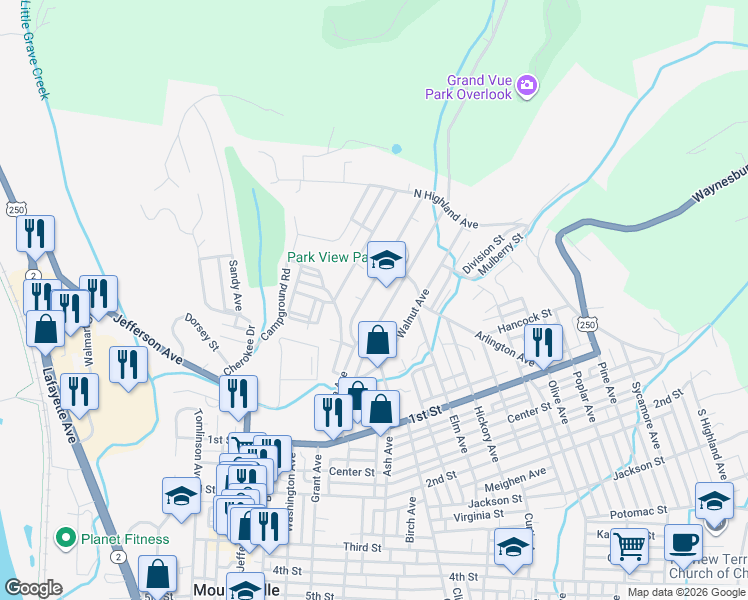 map of restaurants, bars, coffee shops, grocery stores, and more near 30 Linden Ave in Moundsville