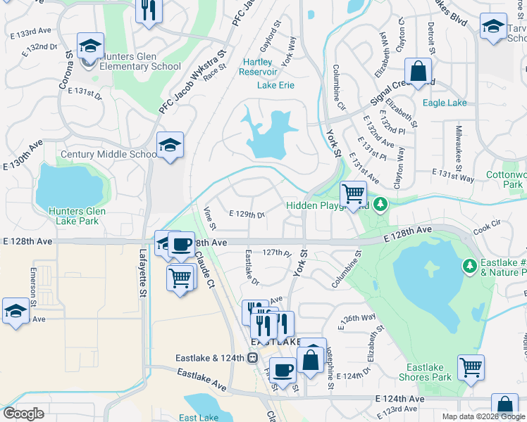 map of restaurants, bars, coffee shops, grocery stores, and more near 2121 East 129th Drive in Thornton