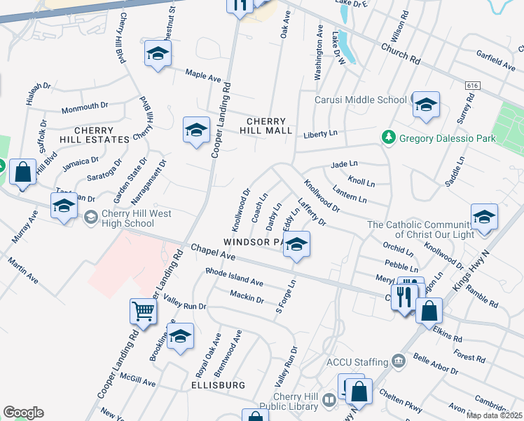 map of restaurants, bars, coffee shops, grocery stores, and more near 15 Coach Lane in Cherry Hill