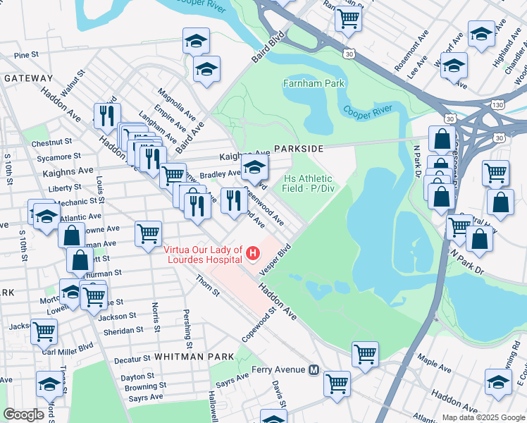 map of restaurants, bars, coffee shops, grocery stores, and more near 1493 Greenwood Avenue in Camden