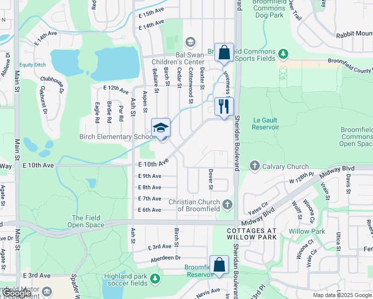 map of restaurants, bars, coffee shops, grocery stores, and more near 1000 East 10th Avenue in Broomfield