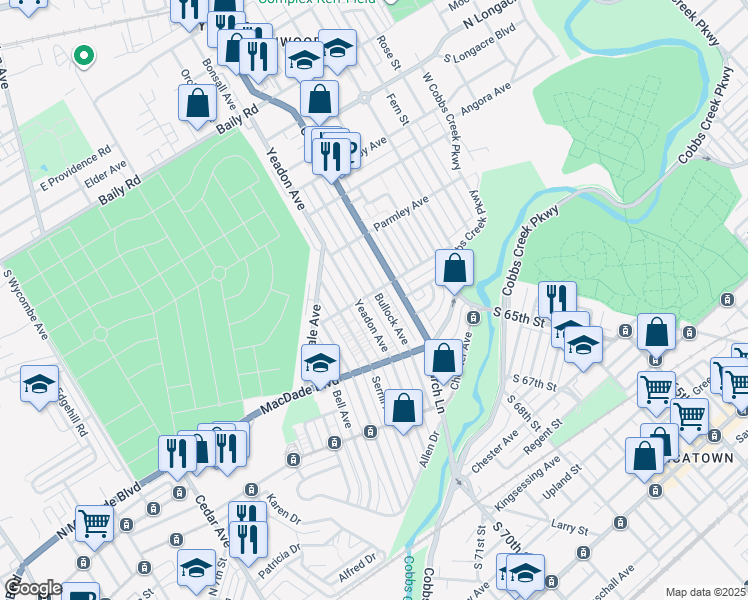 map of restaurants, bars, coffee shops, grocery stores, and more near 904 Bullock Avenue in Yeadon