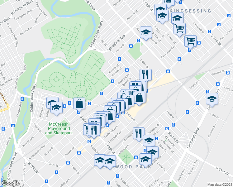 map of restaurants, bars, coffee shops, grocery stores, and more near 6124 Upland Street in Philadelphia