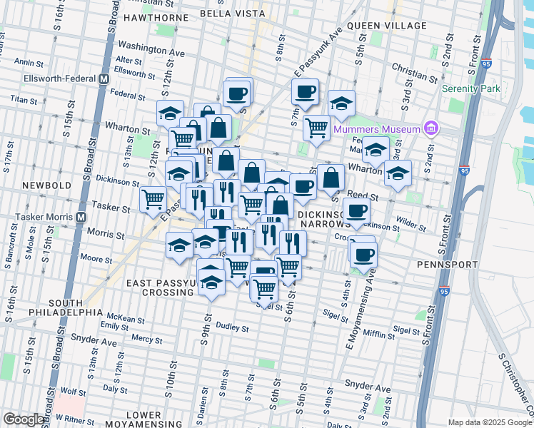 map of restaurants, bars, coffee shops, grocery stores, and more near 1508 South Beulah Street in Philadelphia