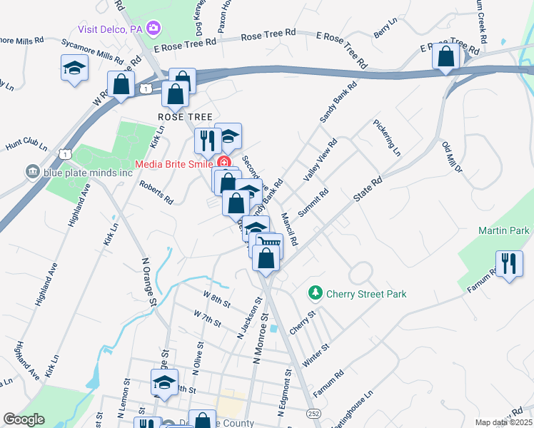 map of restaurants, bars, coffee shops, grocery stores, and more near 69 Greenhill Road in Media