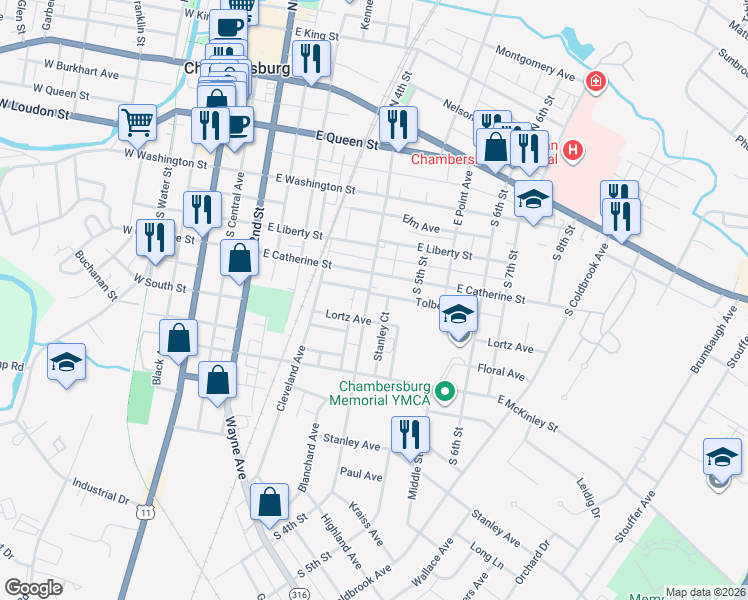map of restaurants, bars, coffee shops, grocery stores, and more near 446 South 4th Street in Chambersburg