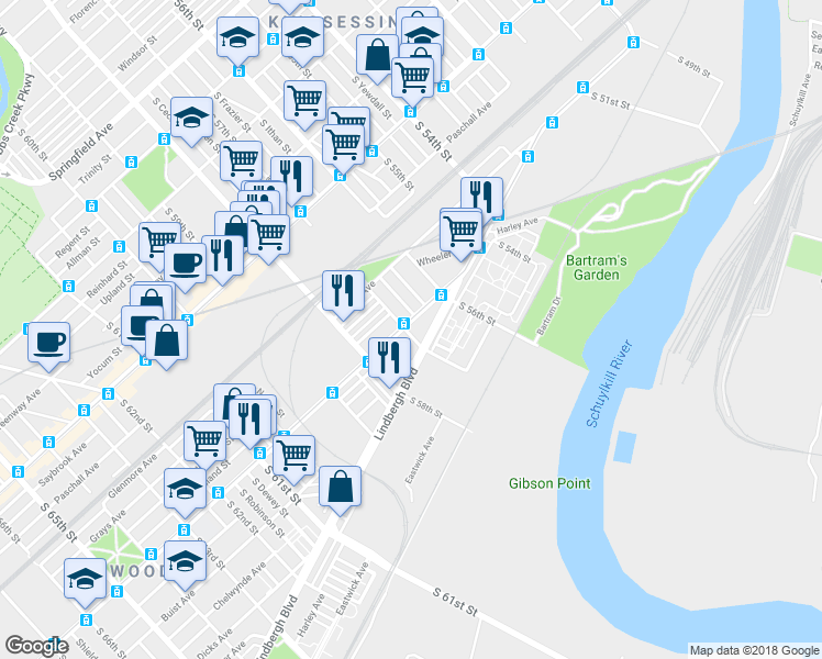 map of restaurants, bars, coffee shops, grocery stores, and more near 5660 Elmwood Avenue in Philadelphia
