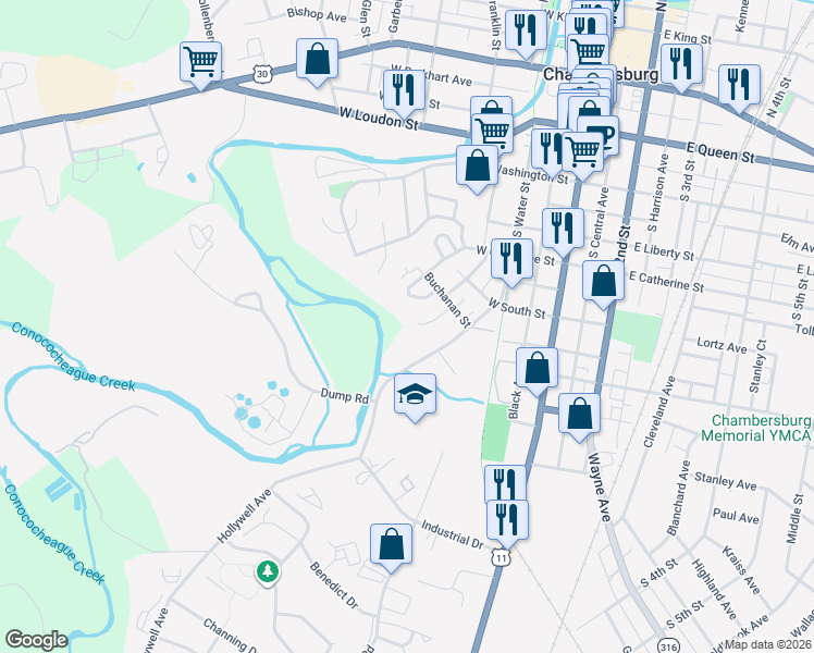 map of restaurants, bars, coffee shops, grocery stores, and more near 641 Candlestick Court in Chambersburg