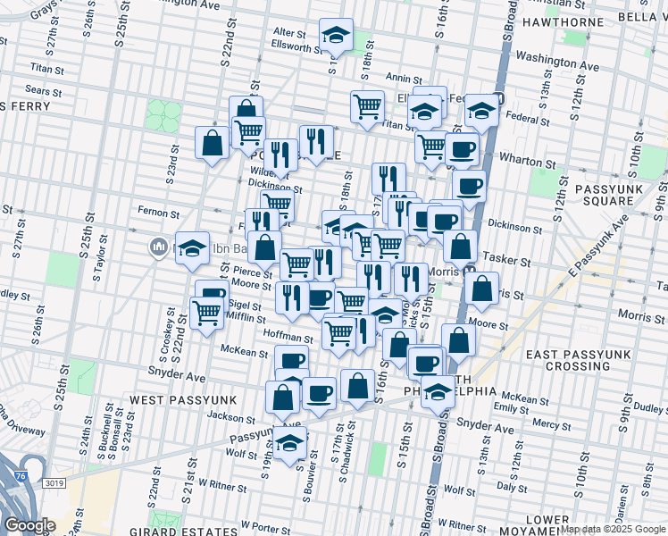map of restaurants, bars, coffee shops, grocery stores, and more near 1800 Morris Street in Philadelphia