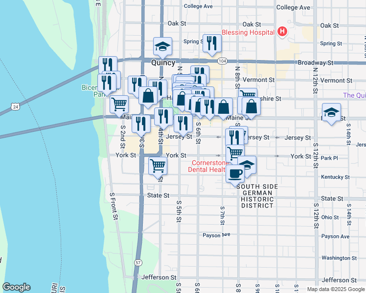 map of restaurants, bars, coffee shops, grocery stores, and more near 221 South 5th Street in Quincy