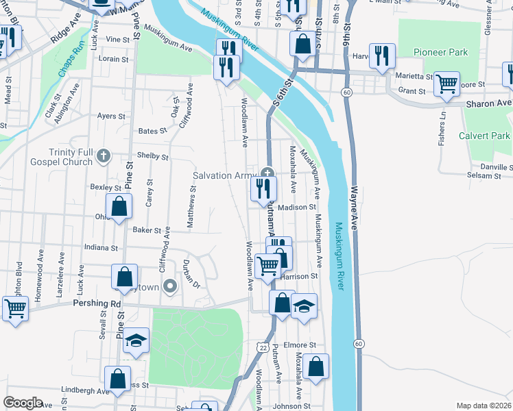 map of restaurants, bars, coffee shops, grocery stores, and more near 227 Madison Street in Zanesville
